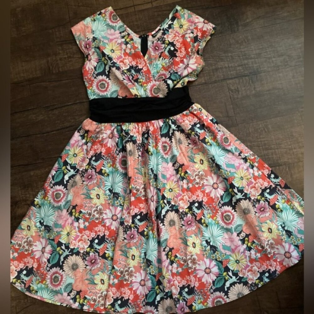 Retrolicious Alice in Wonderland Print Swing Dress, size small